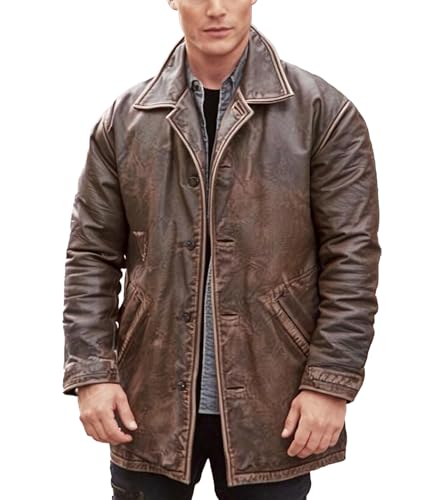 Men's 3/4 Mid Length Genuine Leather Trench Coat - Distressed Brown 3/4 Vintage Leather Duster Car Coat Men2