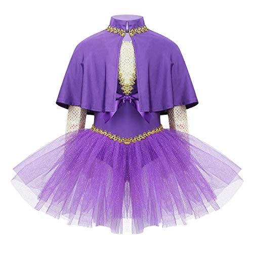 Choomomo Disfraz de Halloween para niñas, disfraz de cosplay, vestido de lentejuelas + capa + calentadores de mangas, vestido de ballet de malla con lazo morado 2 años