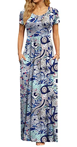 Image of DB MOON Womens 2026 Casual Summer Plus Size Maxi Dresses Short Sleeve Empire Waist Long Dress with Pockets(Blue Floral 02, 2XL)