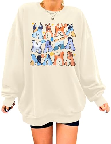 Image of MOUSYA Oversized Mama Sweatshirt Woman Mama Letter Print Pullover Tops Trendy shirt Casual Crewneck Loose Sweatshirts
