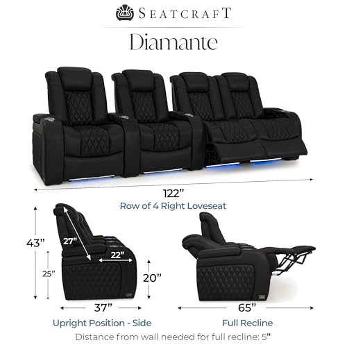 Image of Seatcraft Diamante Black Italian Leather Home Theater Seating, Zero Gravity Power Recliner Gaming and Home Office Chair Powered Headrest Lounge Sofa Furniture for Cinema Room, Row of 4 Right Loveseats