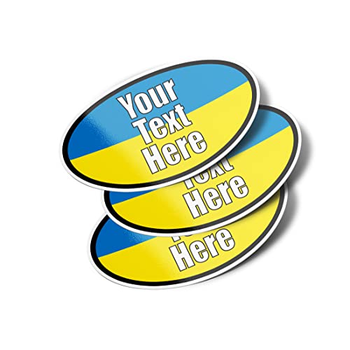 Image of Personalized Ukraine Oval Vinyl Bumper Stickers (3 Pack) (6 inch - Ukrainian Flag- Custom Text)