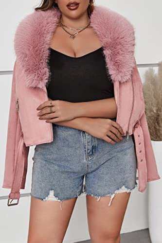 Geschallino Women's Big And Tall Faux Suede Leather Jacket Zip Up Motorcycle Short Coat With Removable Fur Collar 8830 Pink 4X #TOP3