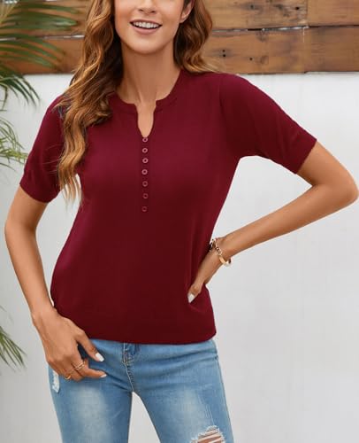 Image of Women Summer Knit Shirt Blouse V Neck Short Sleeve Pullover Sweater Tops