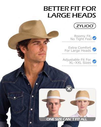 Image of Zylioo XXL Straw Cowboy Hat,Large Size Western Cowgirl Hat,Wide Brim Summer Sun Hats,Breathable Beach Travel Hats