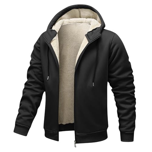Polares para Hombre Montaña, Chaqueta con Capucha de Forro Polar de Color Liso con Bolsillos, cordón Ajustable, Abrigo cálido con Cremallera para Invierno Informal (Black, XXL)