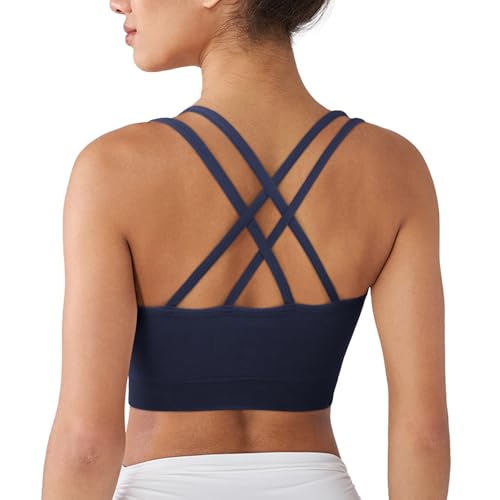 Image of WOYYHO Cross Back Sports Bra for Women Padded Medium Support Workout Bra | 3 Pack, Strappy, Removable Pads, Soft, Spaghetti Strap, Moisture-Wicking, Seamless, for Athletic Yoga Gym Fitness Daily