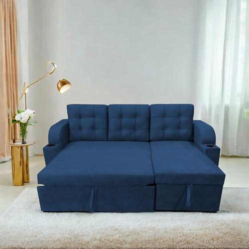 Image of Casaliving Grance RHS 4 Seater Corner Sofa Cum Bed for Living Room with Storage (Blue Fabric) Premium Fabric Sofa
