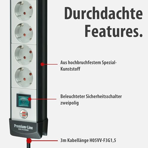 Brennenstuhl Premium-Line Steckdosenleiste 8-Fach (Mehrfachsteckdose mit Schalter und 3m Kabel, Steckdosenleiste Wandmontage, Made in Germany) schwarz/grau