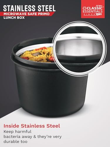 Image of CLASSIC ESSENTIALS Lunch Box, Microwave Safe & Leak Proof, 3 Inside Steel Containers with BPA Free Lids (250ml, 400ml & 600ml), Insulated Fabric Bag (Black)