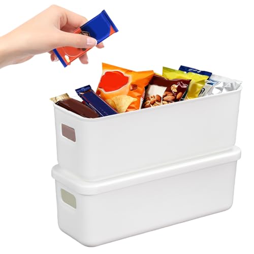 Zuxbolf 2 Stk Aufbewahrungsbox Weiß kleine Aufbewahrungskorb Kunststoff Organizer Box mit Griffen und Deckel 28×9.5×10.3cm Ordnungsboxen Kunststoffbox Aufbewahrung für Küche, Bad, Wohnzimmer, Büro