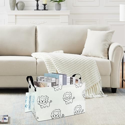 Image of Rectangular Storage Bin Collapse Canvas Fabric Cartoon Storage Basket with Handles for Organizing Home Kitchen Boys and Girls Toys Office Closet Shelf Baskets (Rec lion)