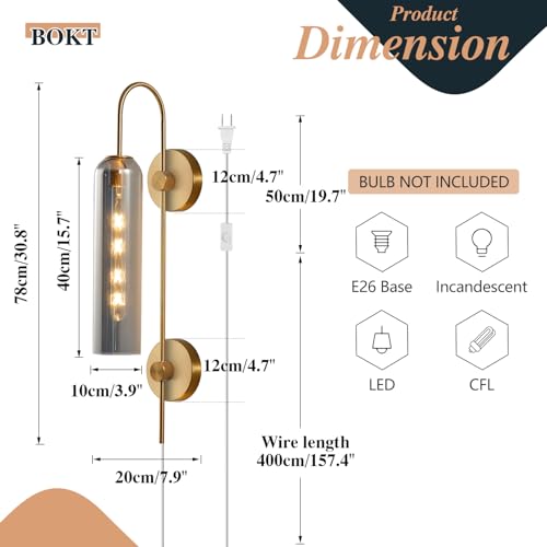 Image of BOKT Mid Century Modern Brass Gold Plug in Wall Light Lamp 1 Light Indoor Smoke Gray Glass Wall Sconce Lighting Single Vintage Wall Mounted Bedroom Lights Plug in Sconces Wall Lighting (Smoke Gray)