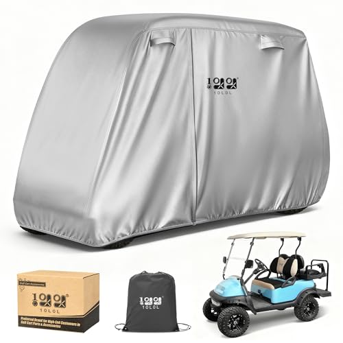 Image of 10L0L 4 Passenger Golf Cart Cover Fits EZGO, Club Car and Yamaha, 400D Waterproof Durable Polyester Golf Cart Cover with Three Zipper Doors Windproof Sunproof - Sliver