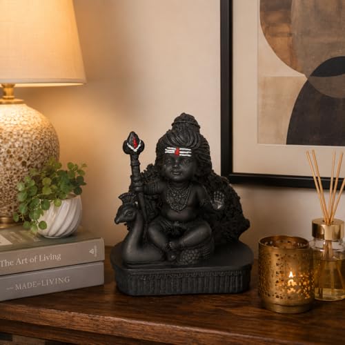 Image of eCraftIndia Lord Kartikeya Ji Idol with Peacock for Home Decor | Black Finish Kartikeya Murti | Spiritual Decorative Showpiece for Temple, Living Room & Gifting
