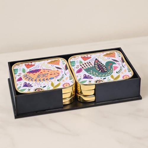 Image of Rousrie Stylist Modern Wooden Coasters with Golden Border | Set of 6 | Stand Included Premium Handmade Coaster for Tea Cups, Coffee Mugs, Beer Mugs, 10 by 10 cm (Pichwai Pattern)