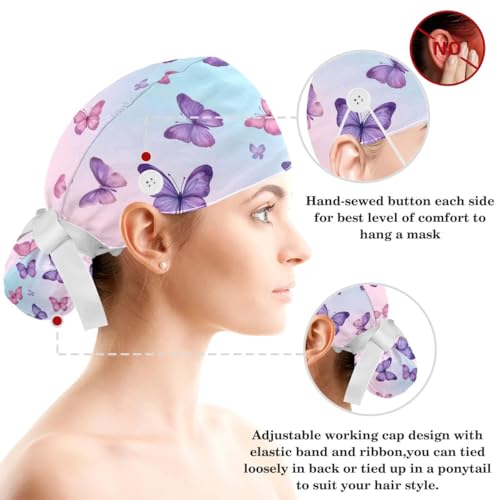 Image of Butterfly Scrub Cap Women with Ponytail & Buttons Adjustable Surgical Nurse Hat with Cotton Sweatband for Long Hair