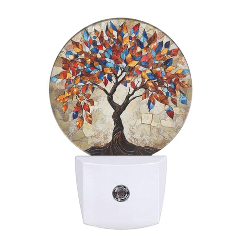 Image of EKOBLA Abstract Tree with Colorful Leaves Night Light, Tree Art Painting Night Lights Plug Into Wall with Dusk to Dawn Auto Sensor for Men Women Bedroom Bathroom