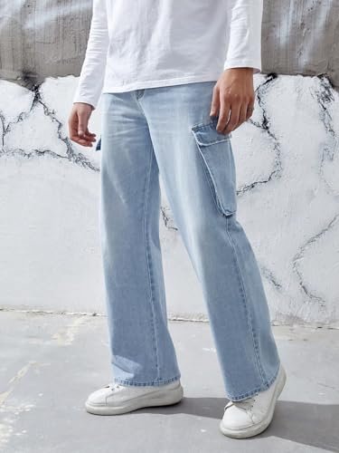 Image of KOTTY Men's Loose Fit Cargo Denim Jeans - Vintage Washed Utility Jeans with Side Pockets