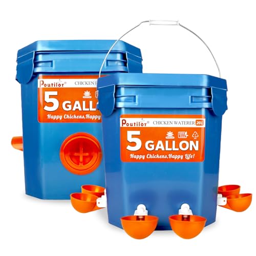 5 Gallon Chicken Feeder & Waterer Bucket Set With Eazy Lock Lids, Large Poultry Waterer Cups & Feeder Port Buckets Kits - Chicken Coop Accessories, 44Pound / 5Gal (Blue)