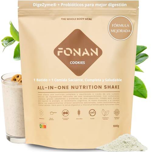 FONAN Batidos Sustitutivos de Comida y Desayuno con Enzimas DigeZyme y Probioticos - Batidos Saciantes Completos y Sanos con Proteina, Carbohidratos, Vitaminas, Minerales y Superalimentos COOKIES
