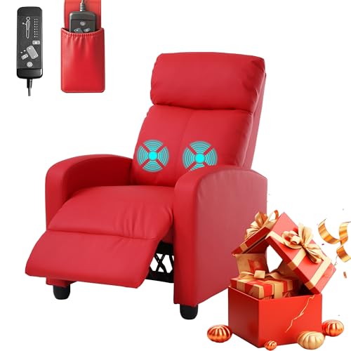 MKDLUFEI Recliner Chair, Adjustable PU Leather Single Sofa Chair, Recliners Chair with Upgraded Footrest for Adults, Small Recliner Chair for Small Spaces, Living Room, Bedroom, Red