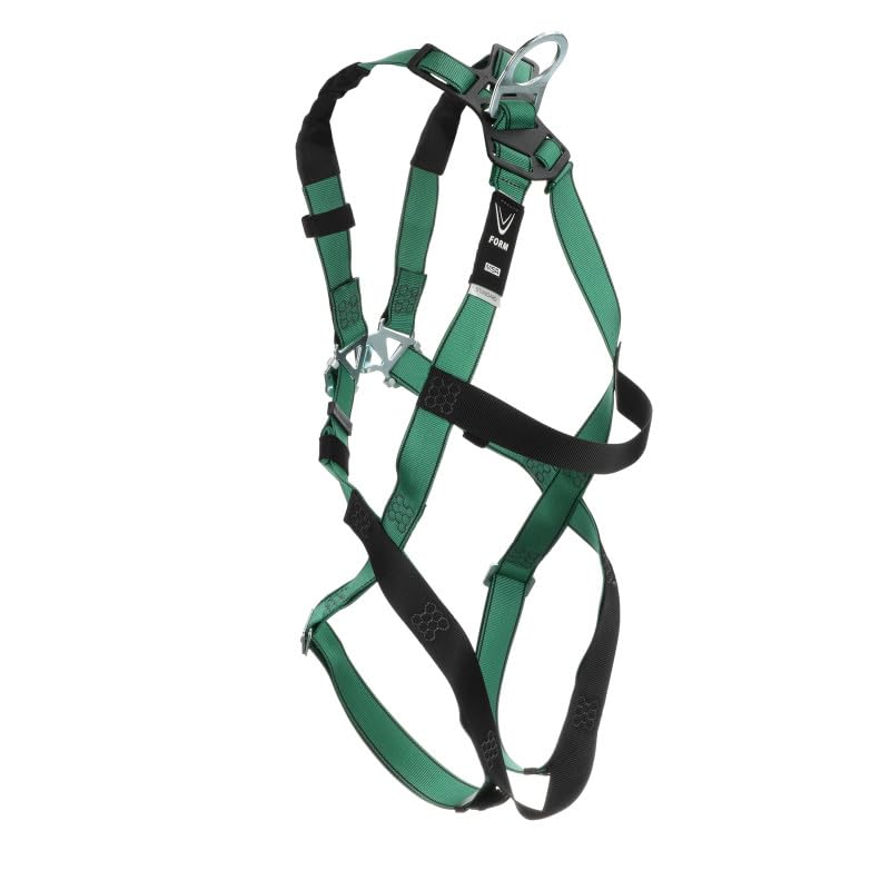 Image of MSA 10197196 V-Form Full Body Safety Harness - Size: Standard (Medium), D-Ring Configuration: Back, Qwik Fit Leg Straps, Color: Green, Full Body Harness, Durable, Fall Protection