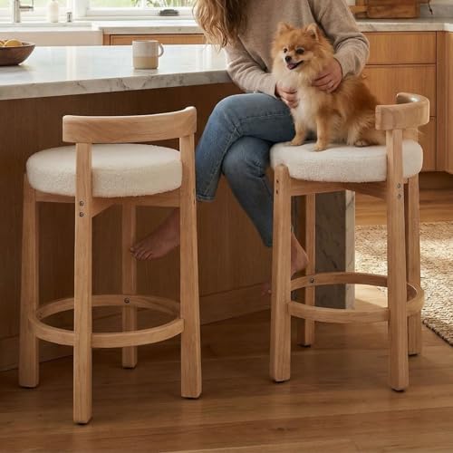 Image of LukeAlon Sherpa Counter Stools Set of 2, Mid Century Upholstered 26.5 inch Seat Height Low Barstools with Natural Wood Legs Round Low Back Kitchen Stools with Footrest for Dining Room, White
