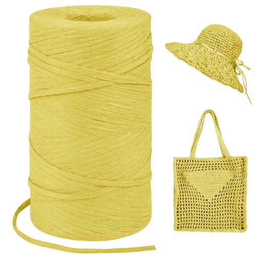 Image of Yellow Raffia Yarn for Crochet Bags, 3mm x 328 Yards Flat String Raffia Ribbon for Gift Wrapping, Raffia Paper Ribbon Yarn for Crocheting Sun Hat, Bag, DIY Crafts, Holiday Decoration