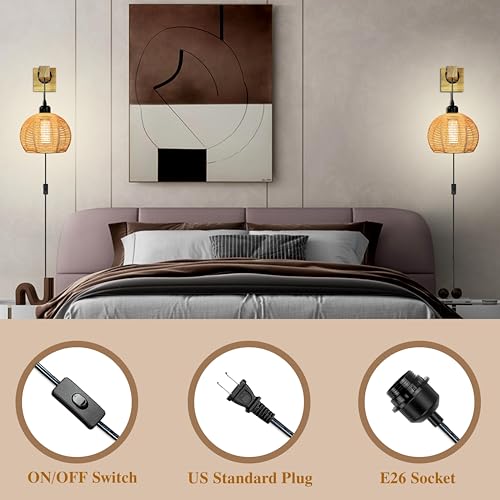Image of Plug in Wall Sconces 3-Way Dimmable Crystal Bulb Included with Plug in Cord & Paper Woven Shade. Boho Rattan Wall Lamp Beside Reading Lighting for Living Room Bedroom(ZYWL - F01)