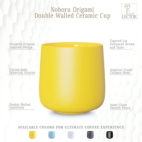Image of LECTOR Noboru Origami Double Walled Ceramic Cup | 230ml Insulated Coffee Mug for Hot & Cold Coffee, Espresso, Tea & Drinks | 85mm Height | Stylish & Durable | Microwave Safe (Pack of 1) (Yellow)