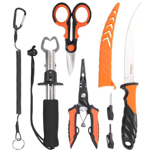 TORIOX Fishing Tool Kit,Fishing Pliers Set with Fish Lip Gripper, Fillet Knife, Braid Scissors & Multitool, Saltwater Freshwater Fishing Gear for Hook Removal, Fish Scaling & Cutting
