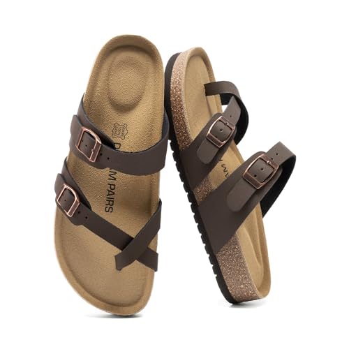 DREAM PAIRS Women's Comfortable Cork Sandals Suede Leather Insole Slides Arch Support Walking Sandals 6.5 Brown