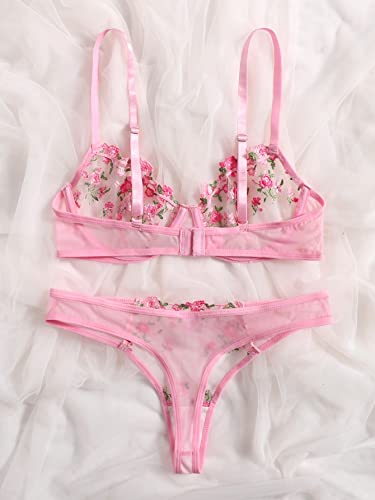 WDIRARA Women's Floral Embroidery Underwire Lingerie Set Mesh Bra and Panty Set Pink S - Image 3