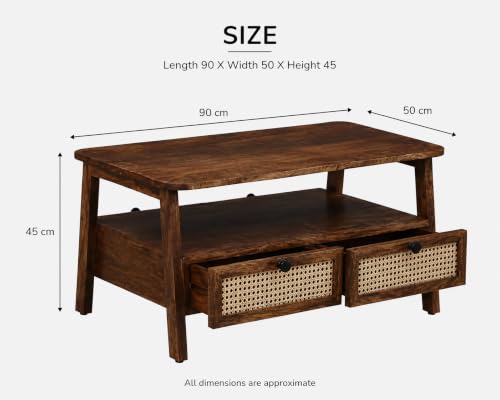 Image of Solid Wood Rectangular Small Cane Center Coffee Table with 2 Rattan Drawers Open Shelf Storage for Living Room | Tea Table Teapoy for Hall Outdoor Home Office Drawing Room Lounge Furniture | Honey