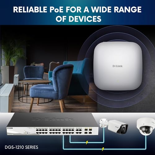 Image of D-Link 28-Port Gigabit Smart Managed PoE+ Switch, 24 PoE+ Ports (370W) + 4 SFP Combo Ports, L2+, VLANs, Web Managed, Surveillance Mode, Rackmount, Energy Efficient, NDAA Compliant (DGS-1210-28MP)
