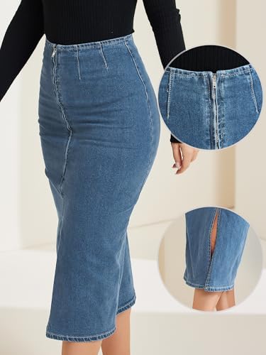 Allegra K Casual Denim Skirt for Women's Front Slit Zipper High Waist Bodycon Midi Jean Skirt2