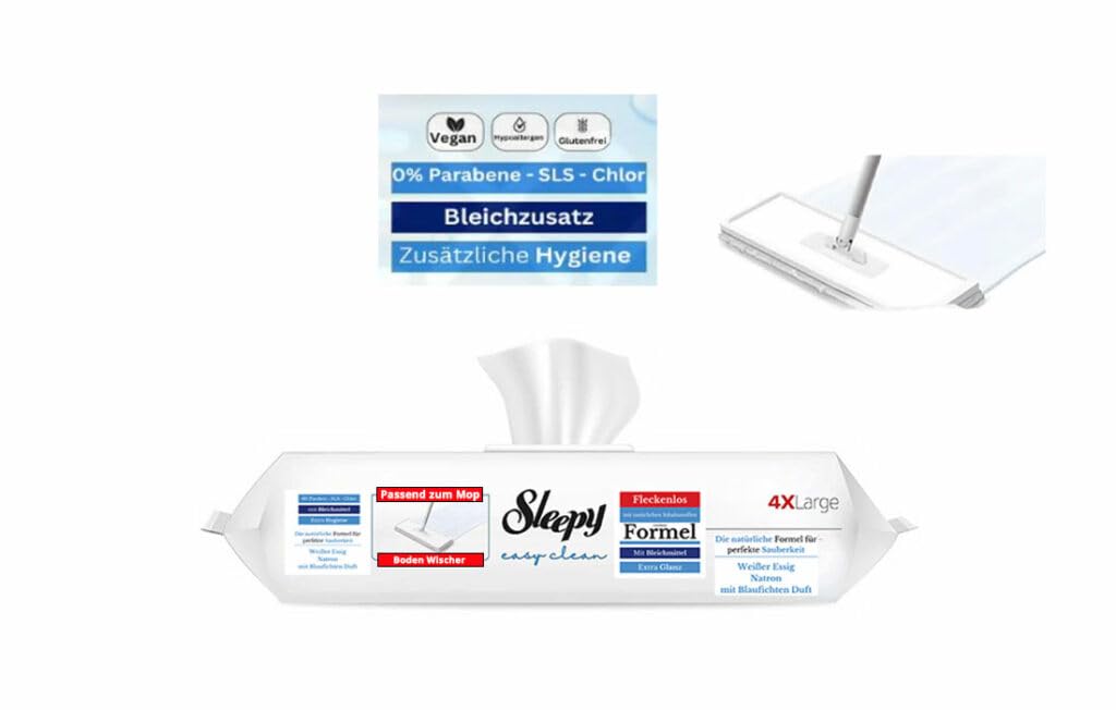 Bodenreinigungstücher Sleepy für Verschiedene Mopsysteme mit Bleichmittelzusatz – Blau (4x50) 200 Tücher 8 – Lagige Gewebestruktur