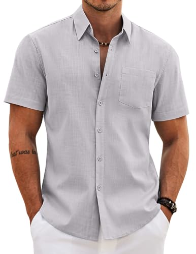 Image of COOFANDY Men's Button Down Short Sleeve Shirt Casual Cotton Summer Beach Wedding Linen Shirts with Pocket
