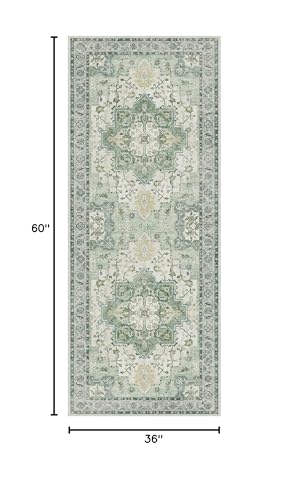 GENIMO 3x5 Area Rugs for Living Room, Machine Washable Non Slip Vintage Rugs, Low Pile Lightweight Chenille Print Rug for Bedroom, Dining Room, Home Office, Green