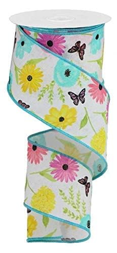 Wildflowers on Canvas Wired Edge Ribbon, 10 Yards (White, Green, Pink, Lavender, 2.5 Inch)