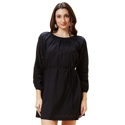 Image of Globus Women Black Schiffli Self Design Round Neck Waist Tie-Up A-Line Dress-3638199001