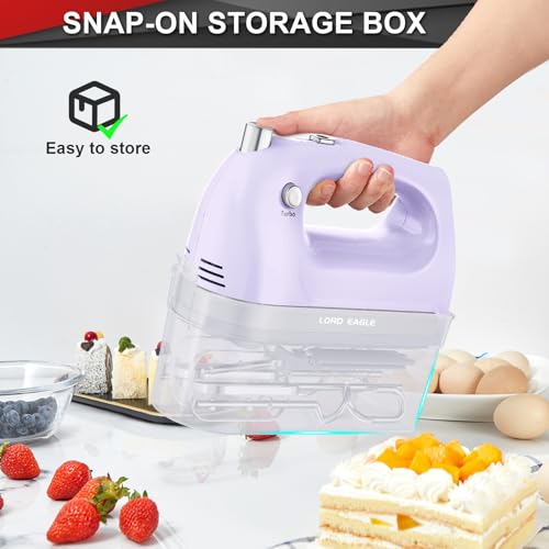Image of Lord Eagle Hand Mixer Electric Handheld 400W, 5-Speed Lightweight Kitchen Mixer with Storage Case, 5 Stainless Steel Attachments for Baking Cake Egg Cream Food Beater, Turbo+Eject Button, Purple