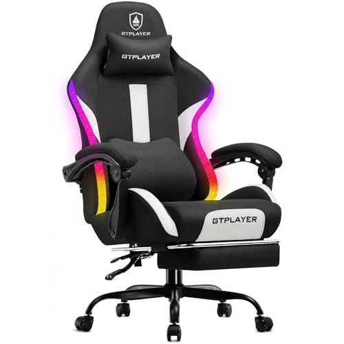 Image of GTPLAYER RGB Gaming Chair with Footrest, LED Lights, Ergonomic Computer Chair with Linkage Armrest, Breathable Fabric for Home Office Desk - Video Game Chairs for Adults, Warm Red