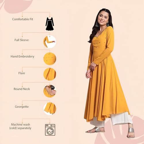 Image of PH POSHAKHUB Georgette Regular Fit Hand Embroidery Anarkali Kurta Set for Women, Yoke Anarkali Kurta for Woman, Ankle Length Anarkali Suit for Women, Full Sleeve Kurti, Dress for Woman