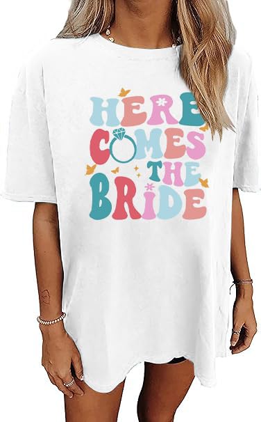 MYHALFBachelorette Shirt Women Bride Tshirt - Here Comes Bride Tee Party Shirt Bridal Shirt Casual Short Sleeve Oversized Top