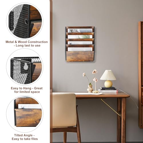 TQVAI 5 Compartimentos Metálica Madera Revistero Pared Documentos Organizador Papeles A4 Colgante Oficina Archivador de Organizador Herramientas Pared, Negro/Antiguo - imagen 4