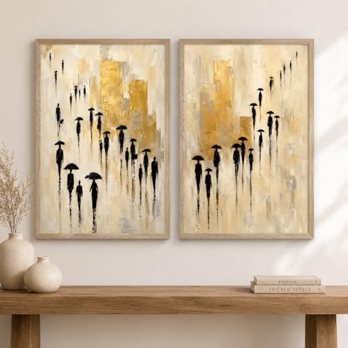 Image of Livin'luxe Set of 2 Umbrella People Abstract Wall Photo with Frame for Living Room Bedroom Study Office Decor, Premium Wooden Synthetic Frame Luxury Artwork Gift