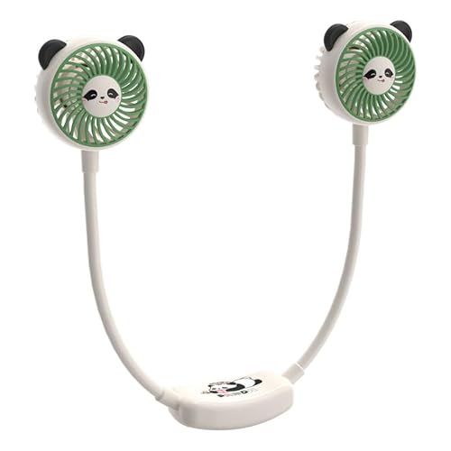 DEOXY Panda Design Neck Fan, Dual Head Hands-Free Wearable Fan, USB Rechargeable, White and Green, Women, Men, Kids