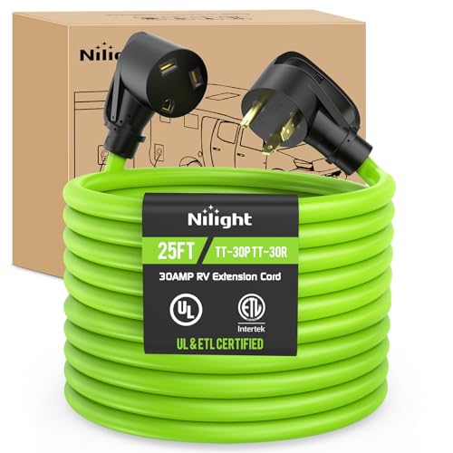Image of Nilight 25FT 30 Amp RV Extension Cord 125V Heavy Duty 10 /3 Gauge Pure Copper STW Wire UL ETL Listed 3 Prong TT-30P TT-30R Weatherproof Suit for Camper Caravan Trailer Bright Green